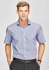 Turkish Blue Calais Men's Short Sleeve Shirt, executive fit with fine stripe detail, ideal for casual or formal wear.