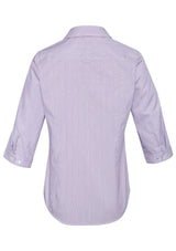 Calais Ladies 3/4 Sleeve Shirt in Purple Reign, featuring a semi-fitted design with fine stripe and vented cuff for comfort.