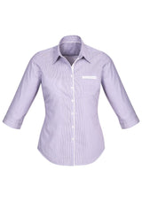 Calais Ladies 3/4 Sleeve Shirt in Purple Reign, featuring a semi-fitted design, fine stripe texture, and vented cuffs for versatile styling.
