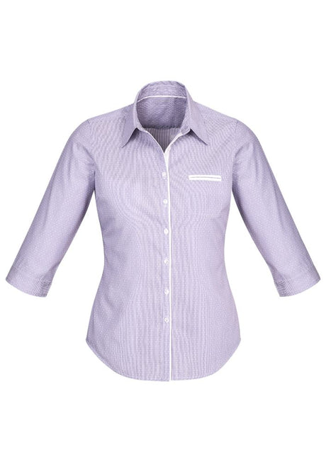 Calais Ladies 3/4 Sleeve Shirt in Purple Reign, featuring a semi-fitted design, fine stripe texture, and vented cuffs for versatile styling.
