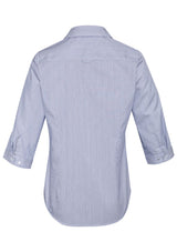 Turkish Blue semi-fitted 3/4 sleeve shirt for women, featuring fine stripe trim and vented cuffs, perfect for casual or business wear.