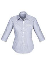 Calais Ladies 3/4 Sleeve Shirt in Turkish Blue features a semi-fitted design, vented sleeve cuffs, and elegant striped trim.