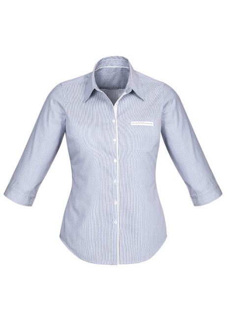 Calais Ladies 3/4 Sleeve Shirt in Turkish Blue features a semi-fitted design, vented sleeve cuffs, and elegant striped trim.