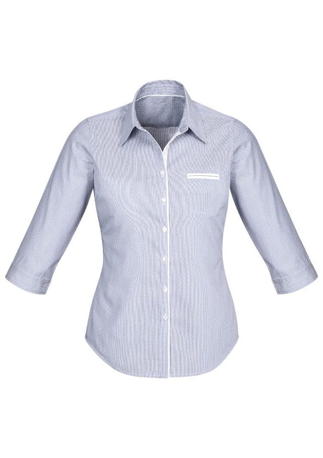 Calais Ladies 3/4 Sleeve Shirt in Turkish Blue features a semi-fitted design, vented sleeve cuffs, and elegant striped trim.