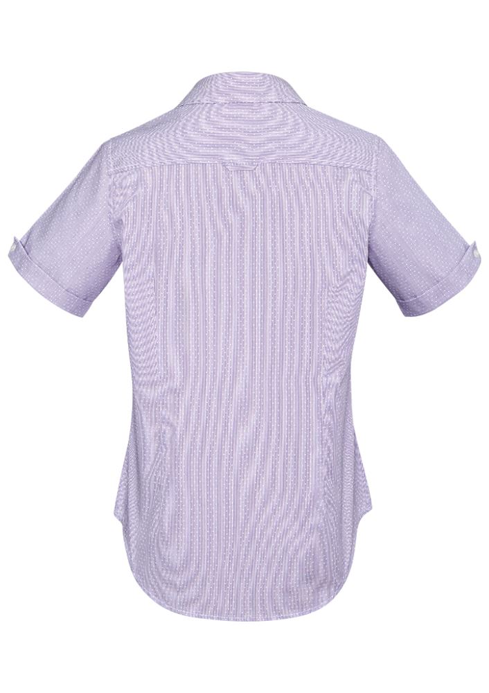 Semi-fitted purple short sleeve shirt with fine stripe, dobby trim, and vented cuff, perfect for stylish casual wear.