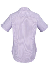 Semi-fitted purple short sleeve shirt with fine stripe, dobby trim, and vented cuff, perfect for stylish casual wear.