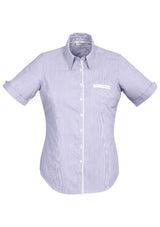 Calais Ladies Short Sleeve Shirt in Purple Reign, featuring a semi-fitted design with fine stripe and dobby trim for versatile styling.