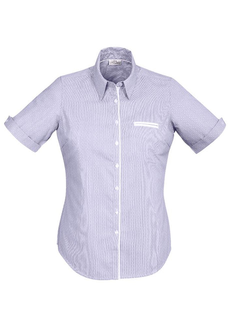 Calais Ladies Short Sleeve Shirt in Purple Reign, featuring a semi-fitted design with fine stripe and dobby trim for versatile styling.