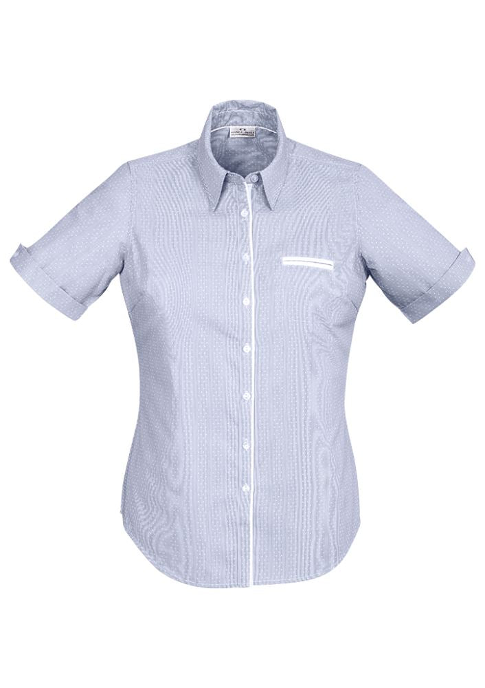 Turkish Blue Calais Ladies Short Sleeve Shirt by Biz Collection, featuring a semi-fitted design and stylish vented cuffs.