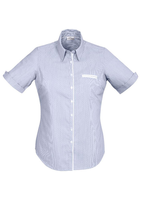 Turkish Blue Calais Ladies Short Sleeve Shirt by Biz Collection, featuring a semi-fitted design and stylish vented cuffs.