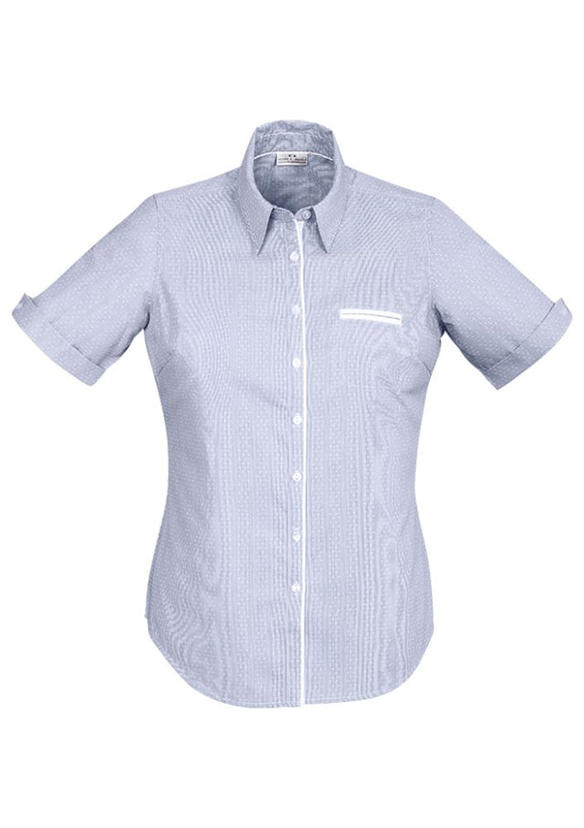 Turkish Blue Calais Ladies Short Sleeve Shirt by Biz Collection, featuring a semi-fitted design and stylish vented cuffs.