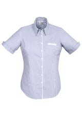 Calais Ladies Short Sleeve Shirt in Turkish Blue, featuring breathable fabric, semi-fitted design, and stylish striped trim.