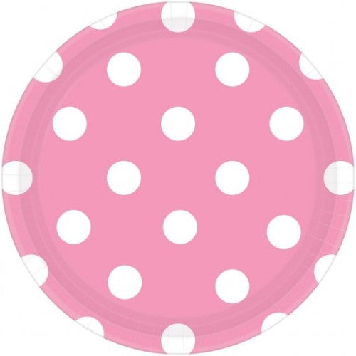 Pink round plates with polka dots, 17cm size, pack of 8, perfect for snacks and gatherings, dishwasher safe, vibrant design.