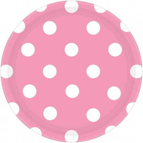 Stylish 23cm round plates in a pack of 8 with new pink dots, perfect for any occasion and easy to clean.