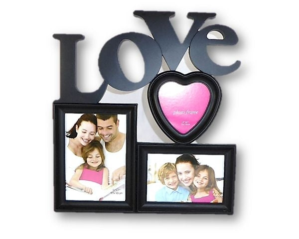 Stylish black Love Frame measuring 36x33cm, holds three photo sizes, perfect for showcasing cherished memories.