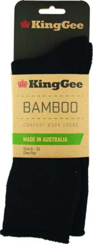 Black KingGee Bamboo Socks in size 11/14, made from eco-friendly bamboo viscose for comfort, breathability, and odor resistance.