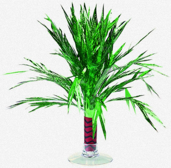 Mini Palm Tree Foil centerpiece, 8.5 inches tall, perfect for tropical-themed parties and events.