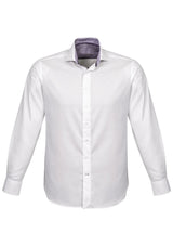 Herne Bay Men's Long Sleeve Shirt in White/Purple Reign, featuring an executive fit and elegant trim details.