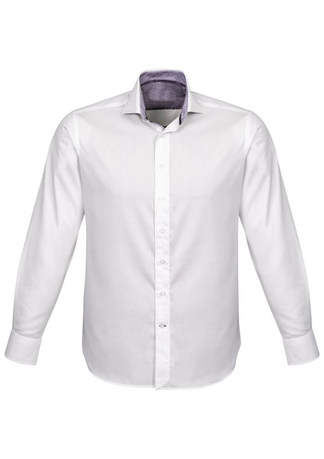 Herne Bay Men's Long Sleeve Shirt in White/Purple Reign, featuring an executive fit and elegant trim details.