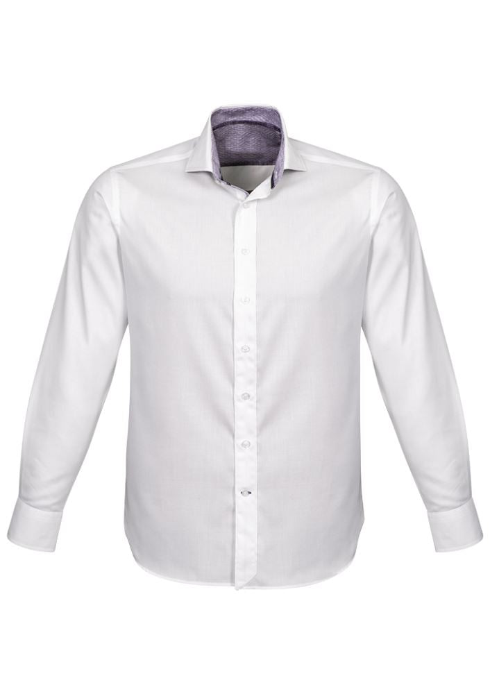 Herne Bay Men's Long Sleeve Shirt in White/Purple Reign, featuring an executive fit and premium cotton-polyester blend for comfort.