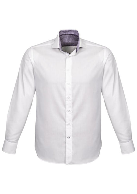 Herne Bay Men's Long Sleeve Shirt in White/Purple Reign, featuring an executive fit and premium cotton-polyester blend for comfort.