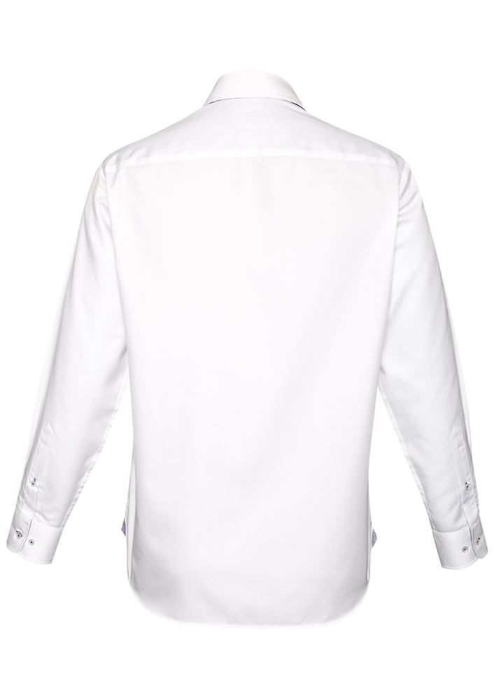 Herne Bay men's long sleeve shirt in white and Turkish blue, showcasing executive-fit design and textured fabric details.