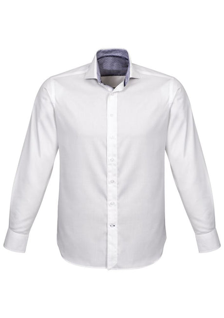 Herne Bay Men's Long Sleeve Shirt in White and Turkish Blue, featuring a comfortable cotton blend and executive-fit design.
