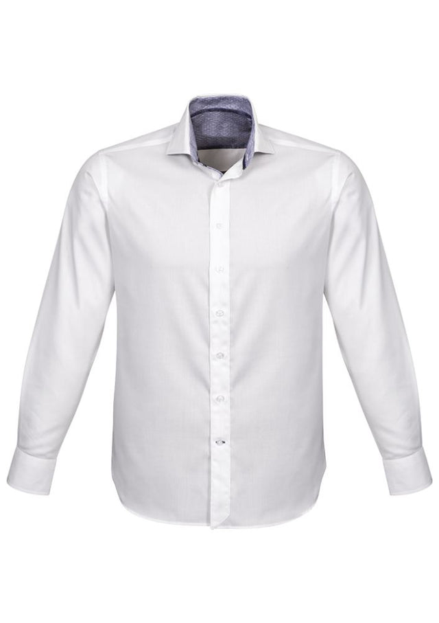 Herne Bay Men's Long Sleeve Shirt in White and Turkish Blue, featuring a comfortable cotton blend and executive-fit design.