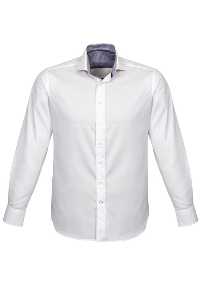 Herne Bay men's long sleeve shirt in white and Turkish blue, featuring elegant trims and an executive fit for comfort and style.
