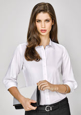 Herne Bay Ladies shirt in White and Turkish Blue, featuring 3/4 sleeves, elegant trim, and a flattering semi-fitted design.