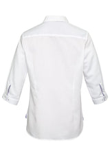 Herne Bay ladies' 3/4 sleeve shirt in white and purple, size 18, featuring textured fabric and elegant trim detailing.