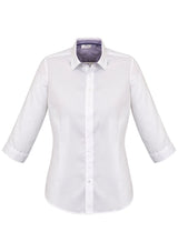 Elegant Herne Bay Ladies 3/4 Sleeve Shirt in White/Purple Reign, featuring intricate trim and breathable fabric for comfort.