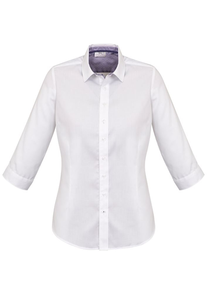 Herne Bay women's semi-fitted 3/4 sleeve shirt in white with purple accents, crafted from textured cotton-polyester blend.
