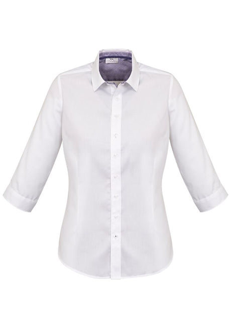 Herne Bay women's semi-fitted 3/4 sleeve shirt in white with purple accents, crafted from textured cotton-polyester blend.