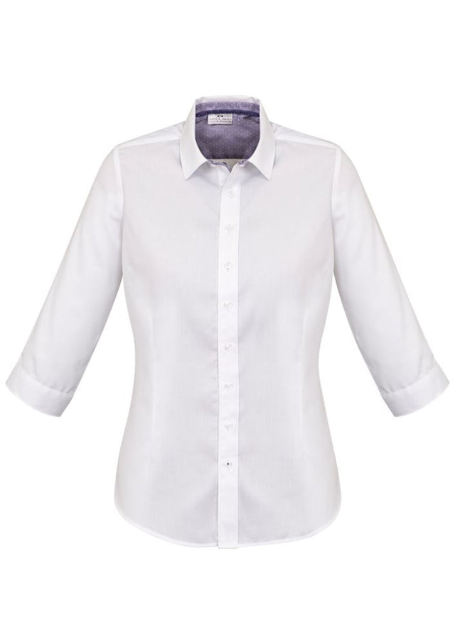 Herne Bay women's semi-fitted 3/4 sleeve shirt in white with purple accents, crafted from textured cotton-polyester blend.