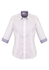 Herne Bay Ladies 3/4 Sleeve Shirt in white and purple, featuring trim details and a comfortable cotton-poly blend.