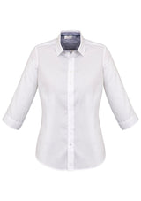 Herne Bay ladies 3/4 sleeve shirt in white and Turkish blue, featuring trim details, soft cotton blend, and semi-fitted style.