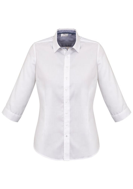 Herne Bay Ladies 3/4 Sleeve Shirt in White/Turkish Blue, featuring a semi-fitted design and stylish trim details for comfort and elegance.