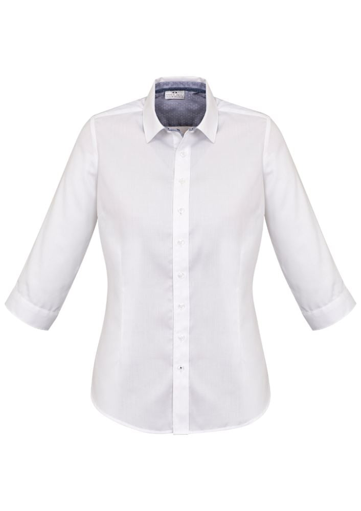 Herne Bay Ladies 3/4 Sleeve Shirt in white and Turkish blue, size 12 with elegant trim details and textured finish.