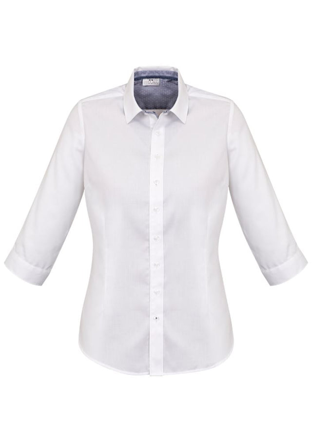 Herne Bay Ladies 3/4 Sleeve Shirt in white and Turkish blue, size 12 with elegant trim details and textured finish.