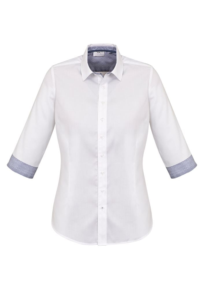 Herne Bay ladies 3/4 sleeve shirt in white and Turkish blue, featuring comfort, elegance, and refined trim details. Size 14.