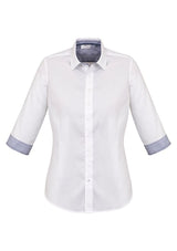 Herne Bay ladies 3/4 sleeve shirt in white and Turkish blue, featuring comfort, elegance, and refined trim details. Size 14.