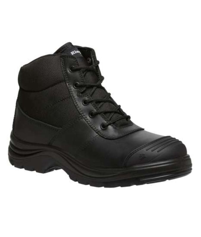 Black KingGee Tradie Safety Boots, Size 8, with puncture resistance, waterproof leather, steel toe cap, and easy-access zipper.