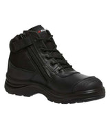 Black KingGee Tradie Safety Boots (Size 8) with puncture resistance, steel toe, and easy zip for comfort and protection.