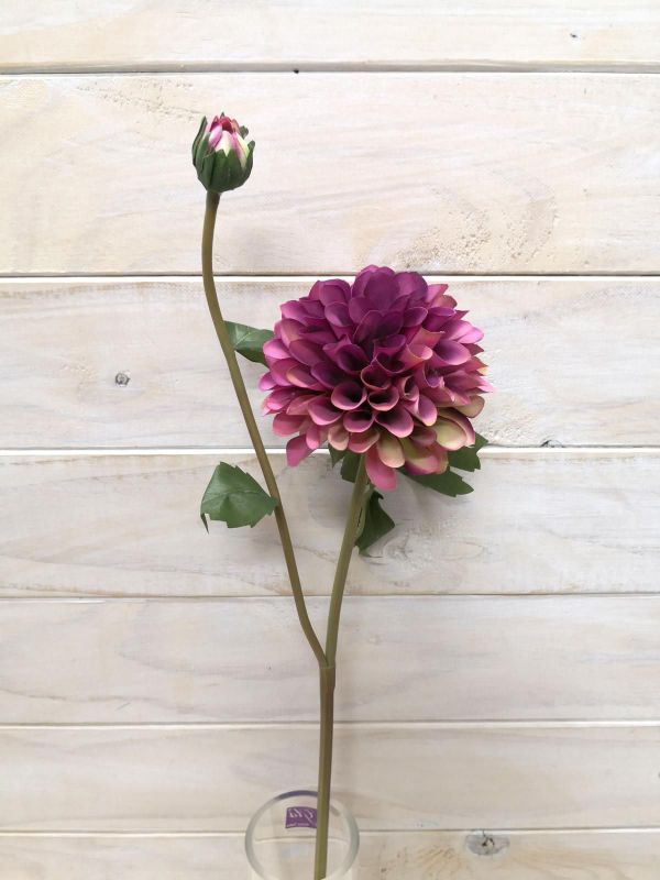 Vibrant purple artificial dahlia flower stem with bud, perfect for elegant home decor and hassle-free arrangements.