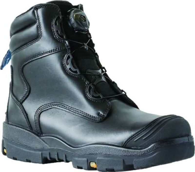 Bata Ranger Boa Black safety boots in size 12 featuring Boa lacing, D30 impact protection, Kevlar stitching, and anti-static sole.