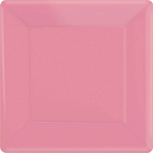 Vibrant 26cm square disposable paper plates in New Pink, perfect for parties and gatherings; pack of 20.