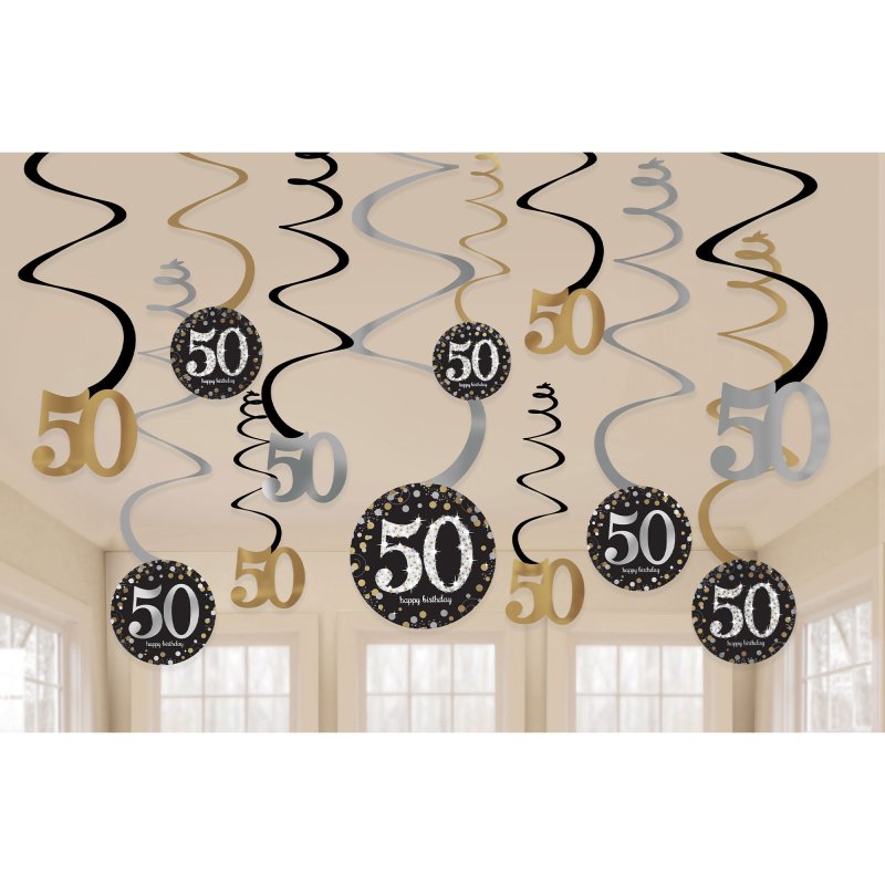 Sparkling Black 50th Birthday Hanging Swirls - Pack of 12