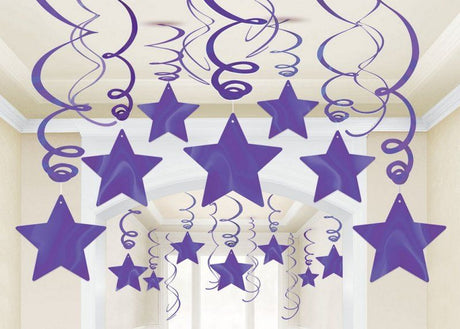 Purple Shooting Stars swirl decorations pack of 30, featuring dynamic 18" and 24" foil designs for celestial-themed parties.