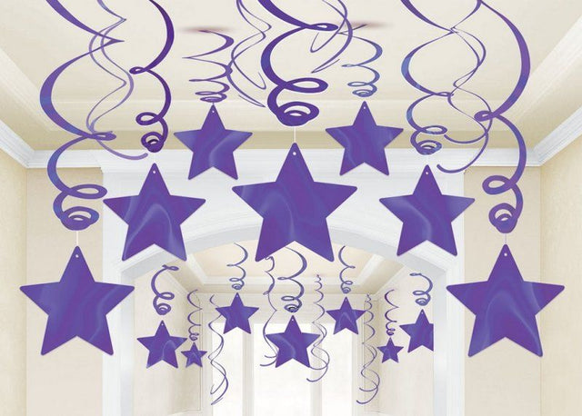 Purple Shooting Stars swirl decorations pack of 30, featuring dynamic 18" and 24" foil designs for celestial-themed parties.
